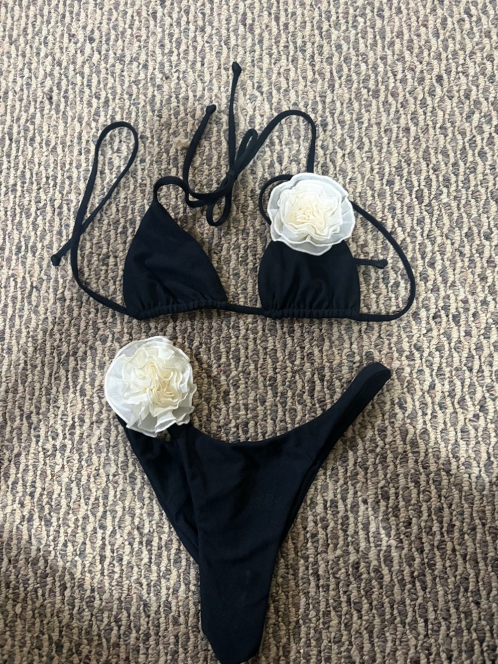 Same Los Angeles Black Bikini Set with Cream Floral Appliqués